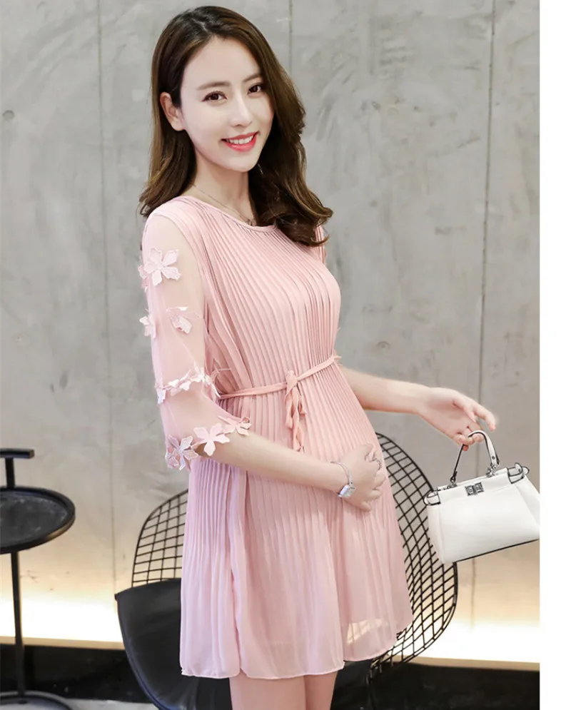 Maternity Women Chiffon Sheer Pleated Dress 3D Flower Half Sleeve Chic Cute Pregnancy Tops Summer Style Pink Black Gray Dress  (9)