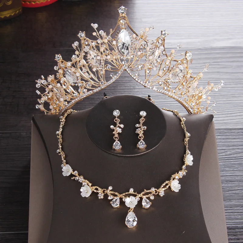 Свадебный ювелирный набор, горный хрусталь, кристалл, Золотая тиара, Серебряная корона, серьги для свадьбы, ожерелье, набор, аксессуары для невесты, роскошные ювелирные изделия