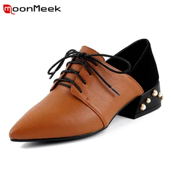 

MoonMeek SIZE 33-40 2020 NEW fashion rhinstone pumps women genuine leather pointed toe thick med heel lace up shoes casual shoe