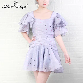 

Lady MIAOQING polka dot dress with irregular collar ruffled sleeves and high waist mini dress 2019 fashion new