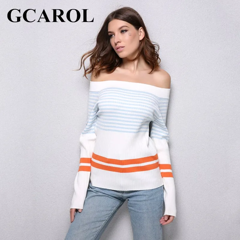 GCAROL Euro Style Stripe Women Sweater Slash Neck Sexy Autumn Winter Knitting Tops Stretch Warm Knitted Tops For Ladies GCAROL Euro Style Stripe Women Sweater Slash Neck Sexy Autumn Winter Knitting Tops Stretch Warm Knitted Tops For Ladies
