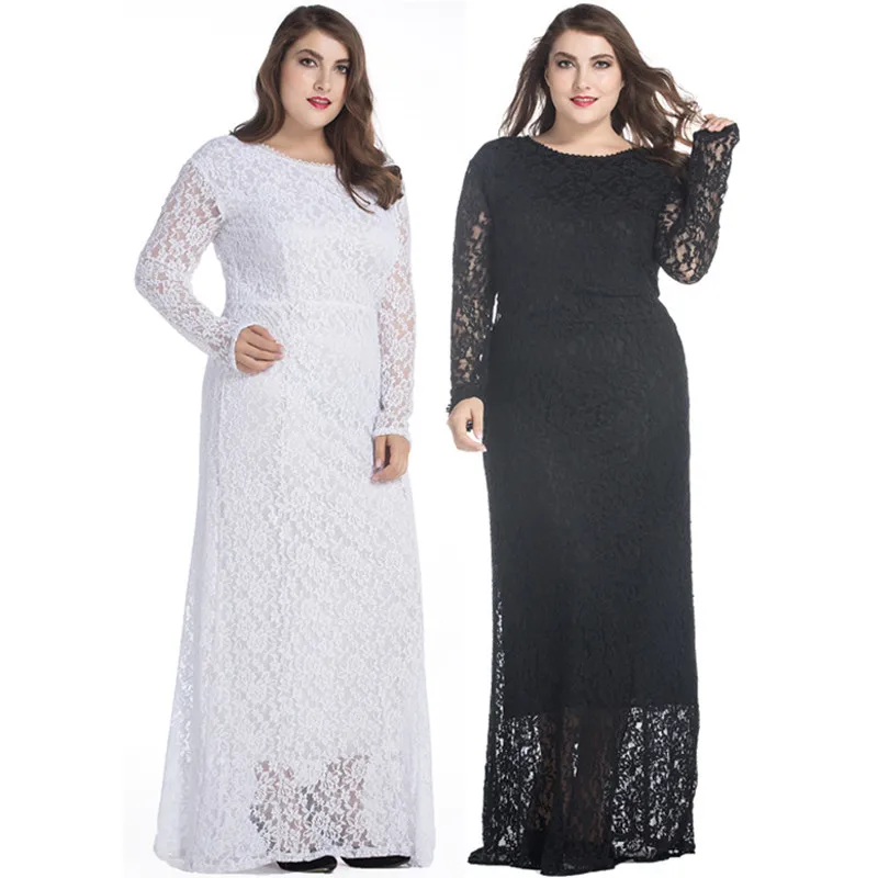 

New Sexy Lace Dress Black White 7XL Plus Size Long Sleeved Big Size Party Dress Women Elegant Long Maxi Dress Robe Femme 5XL