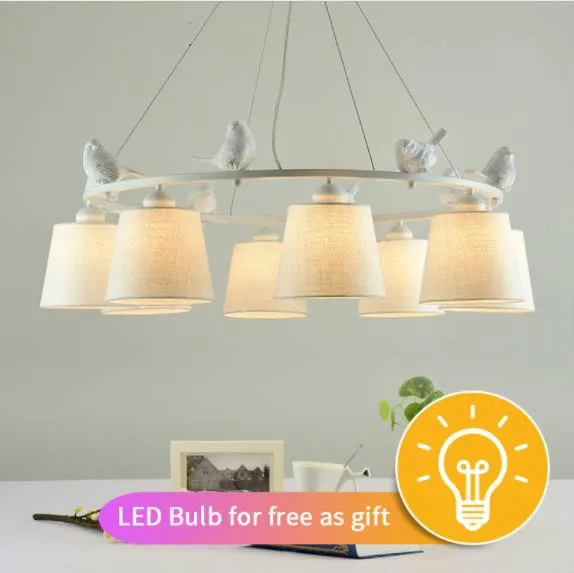  Birds LED Chandelier with Linen Lampshades E27 Cloth Chandeliers For Living Room Romantic Kitchen L - 32980856553