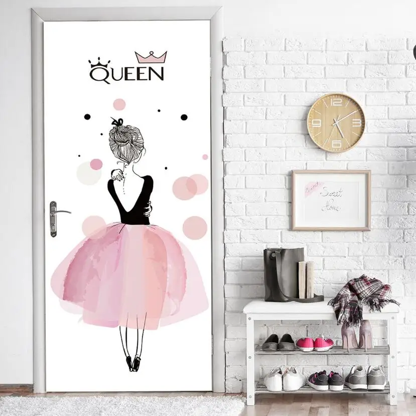 

Beautiful Pink Dress Girl Door Sticker Self Adhesive PVC Waterproof Kids Bedroom Door Stickers diy Queen Adesivi per Porte W186