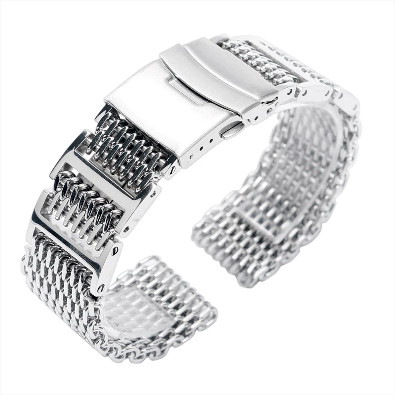 Cool 22mm Silver Folding Clasp with Safety Watch Band Shark Mesh