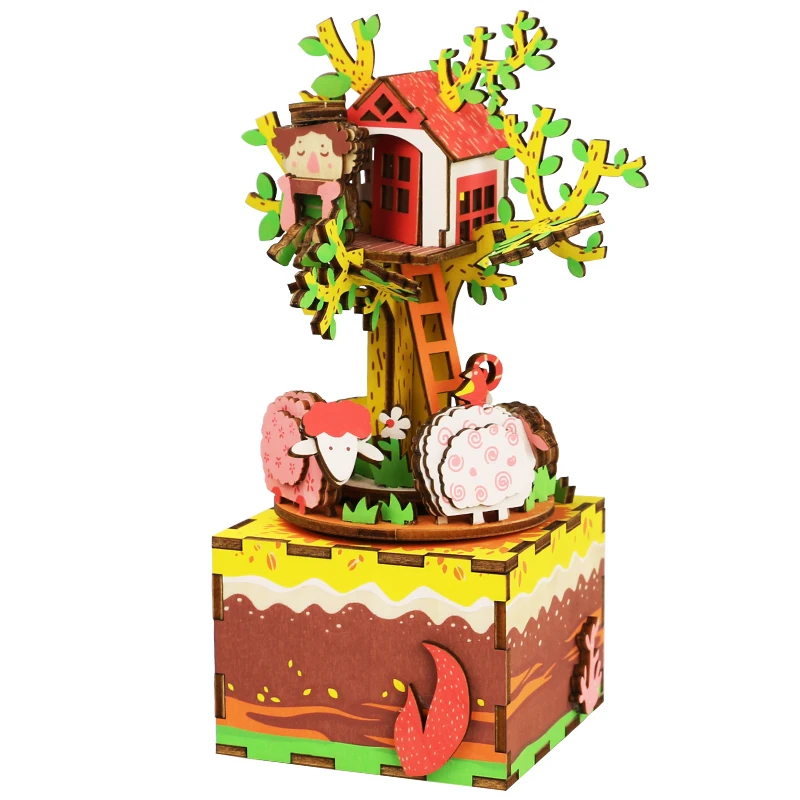 

Robotime DIY Wooden DollHouse 3D Cartoons Puzzle Rotatable With Music Box Romantic Toys Gift For Children Tree House AM408 #E