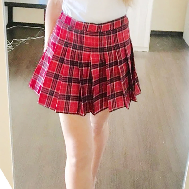 

Zuolunouba 2019 Summer Women Zipper High Waist Skirt School Girl Faldas Pleated Black Plaid Skirt Sexy Red Mini Skirt Jupe Femme