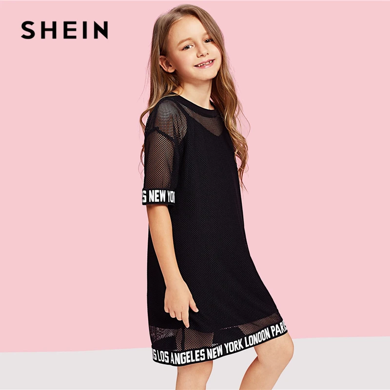 SHEIN/повседневное платье для девочек с надписями и сетчатым подолом; Одежда для девочек; весна г.; корейские прямые Детские платья с коротким рукавом для девочек