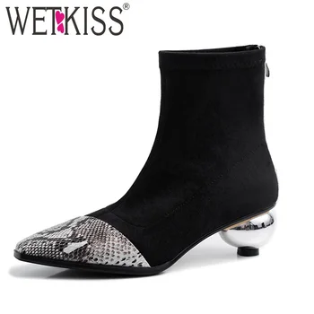 

WETKISS Snake Skin Pu Ankle Boots Women Sexy High Heels Booties Square Toe Shoes Female Stretch Party Sock Shoes Ladies Winter