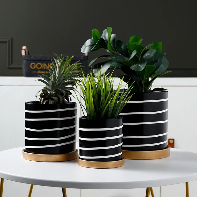 Nordic Schwarz und Weiß Gestreiften Keramik Blumentopf Sukkulenten Topf  Blumentopf mit Tray Home Büro Weihnachten Neue Jahr Dekoration - AliExpress