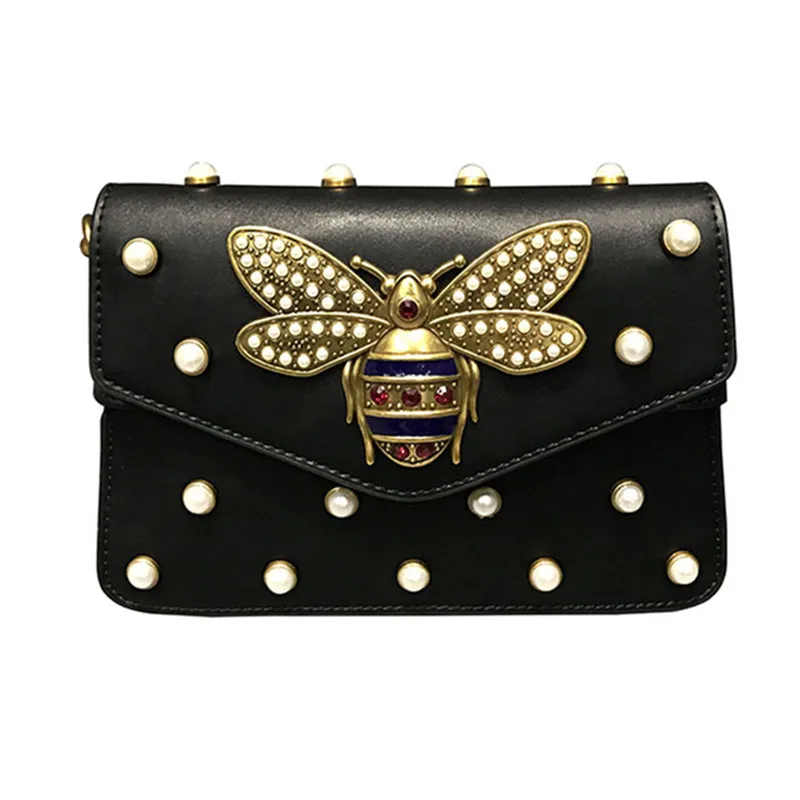 Fashion Women Handbags Lady Pu Leather Pearl Rivet Bee Chains Fashion Women Handbags Lady Pu Leather
