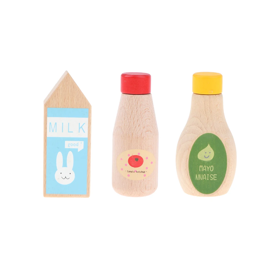 3pcs Wooden Ketchup Tomato Mayonnaise Milk Bottle - Kitchen Cooking Pretend Play Game Kid Child Developmental Toys