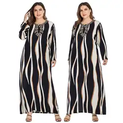 Большие размеры Женская абайя, кафтан, свободное мусульманское платье макси Одежда с вышивкой с принтом, длинный рукав, повседневная