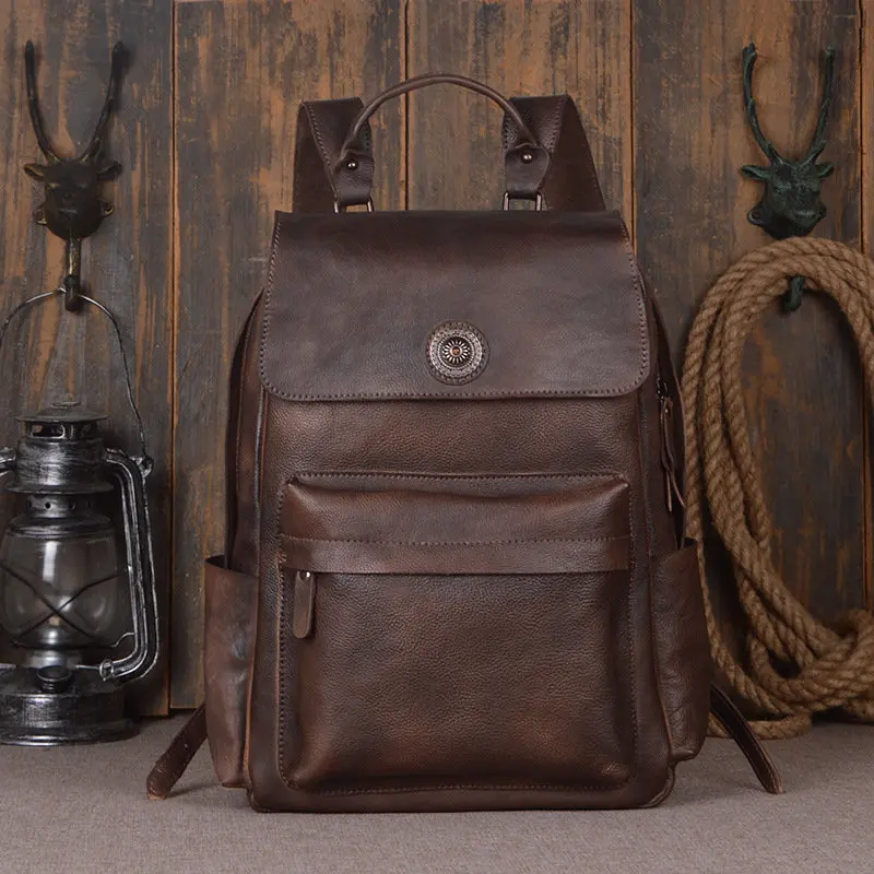 

Nesitu High Quality Vintage Coffee Brown Genuine Leather 14'' 15.6'' Laptop Women Men Backpacks Real Skin Travel Bags M9031