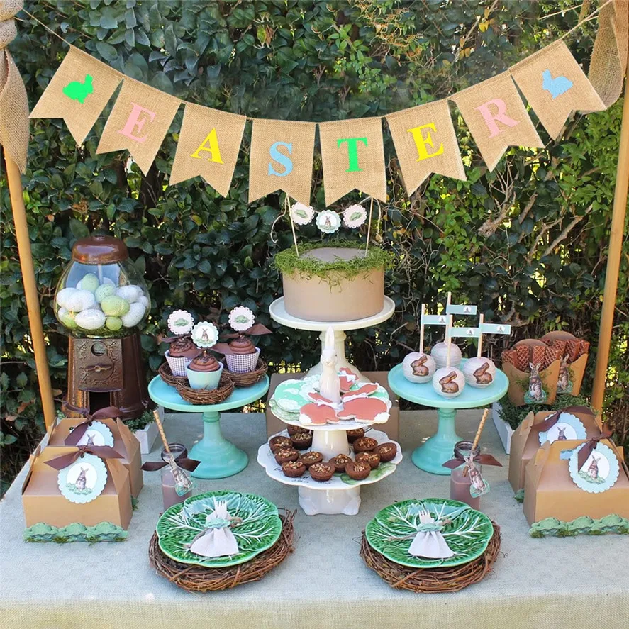 

New Easter Decor Banner 1PC Linen Pennant Bunting Banner Rabbit Easter String Flag Party Decoration Feb22#30