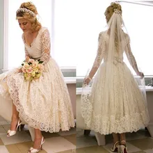 Vestido de noiva casamento горячая Распродажа Белый Винтаж кружево чай Длина пляжные свадебное платье элегантный с длинным рукавом свадебные платья