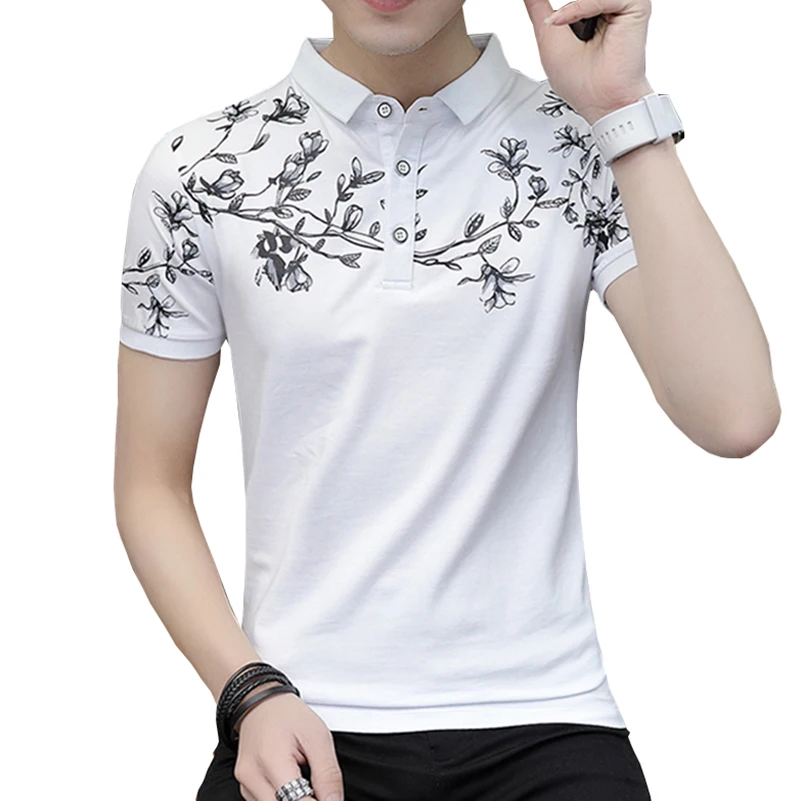 Flower Polo Shirts Men Brand Cotton White Black Summer Top Short Sleeve