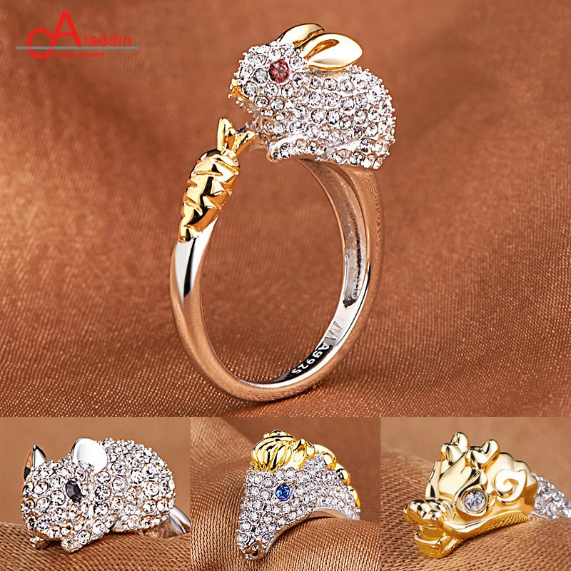 

Aladdin Silver plating Ring Open Animal zircon golden jewelry engagement rings dragon snake rabbit men women's Valentine's gift