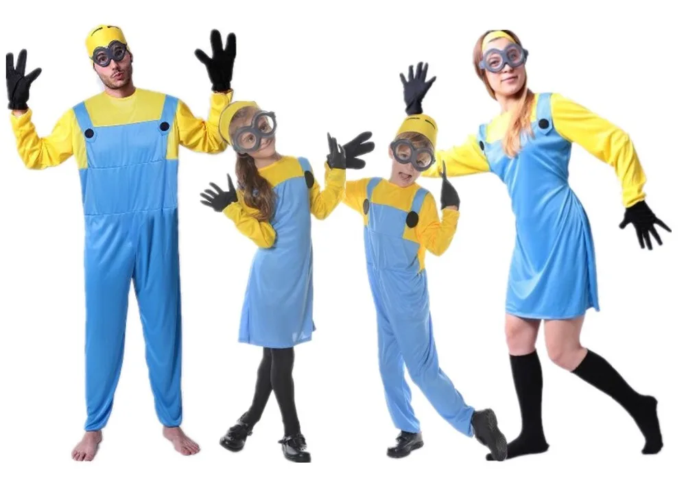 

Free shipping ,Children adult men family yellow blue Minions costume clothes jumpsuits+glasses+black gloves+hat