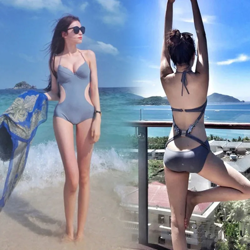 

Summer Beach Push Up Underwired Bikini One Piece Swimsuit Women Gray Black Bandage Bathing Suit Swimming Suit for Women Swimwear