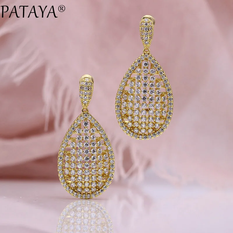 

PATAYA New Wedding Luxury Stud Earrings Women Cute Fashion Jewelry 585 Rose Gold Water Drop Shape Natural Zircon Long Earrings