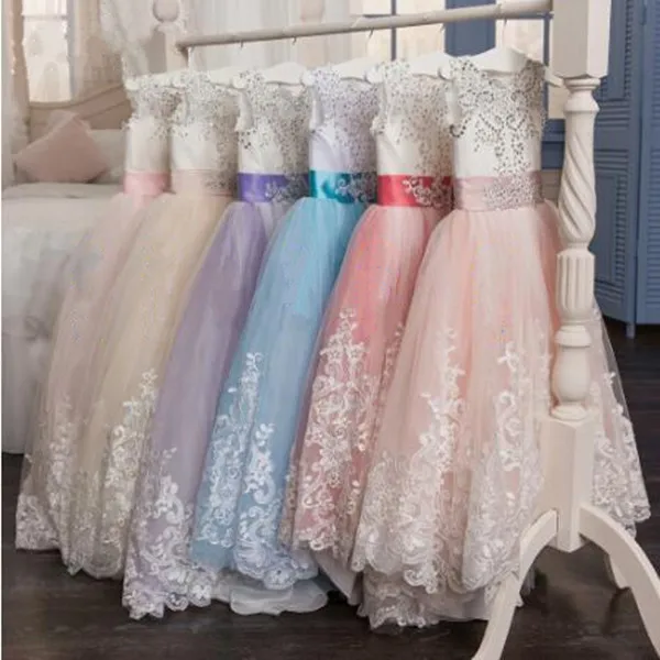 

Miaoyi Beaded Crystal Lace Up Flower Girl Dresses With Bow Applique Ball Gown First Communion Dress for Girls Customized Vestido