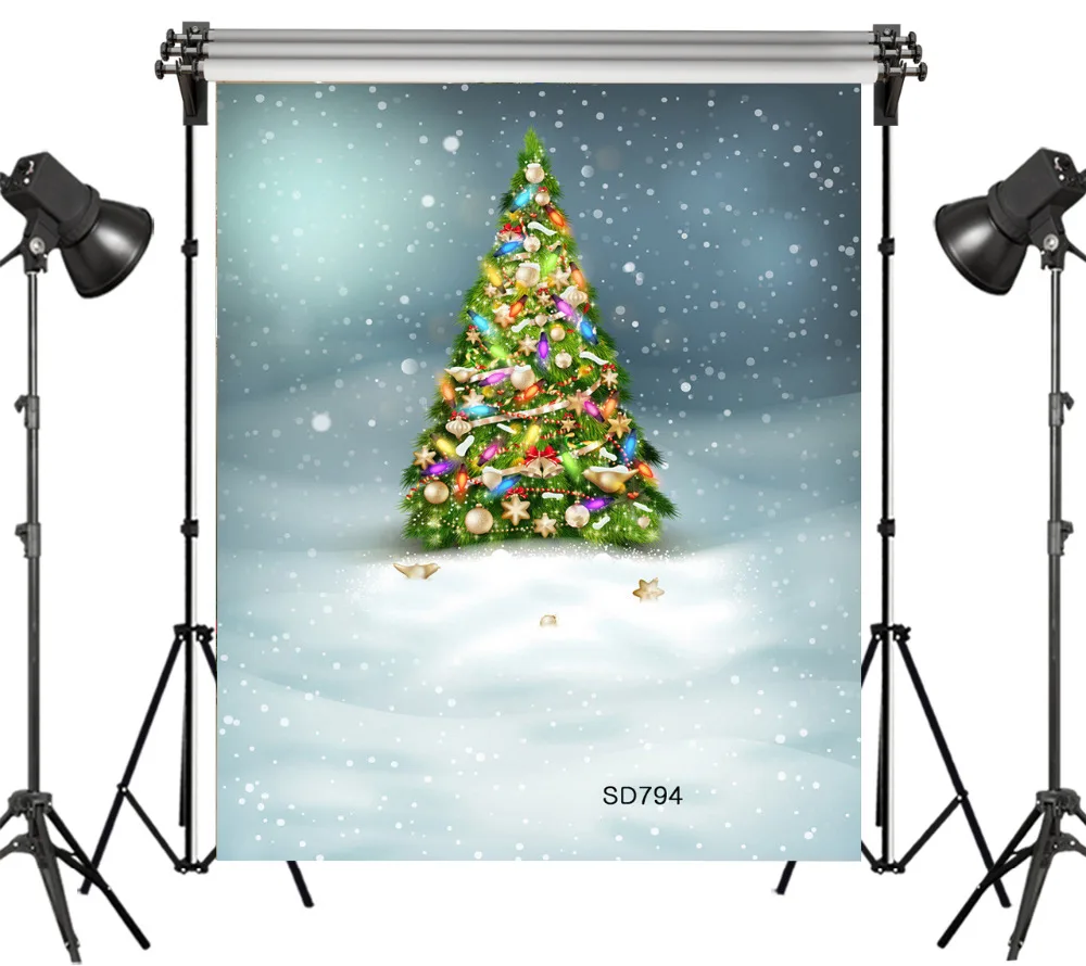 LB 6x9FT Beautiful Christmas Tree Snowy Night Bokeh Seamless Washable No Folds Polyester Backdrop Background Photography Studio |