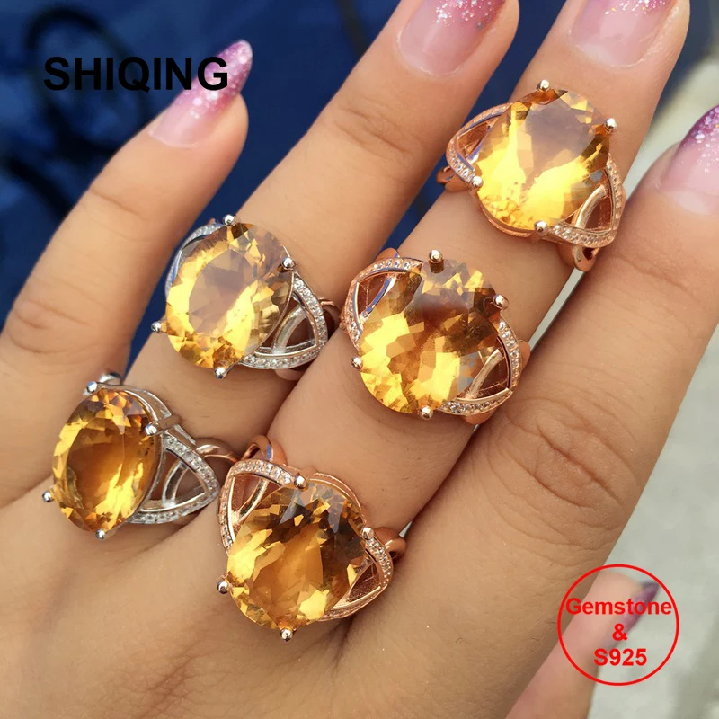 SHIQING Big 12*16mm Gemstone oval citrine yellow color stone 925 sterling silver rings for women SHIQING Big 12*16mm Gemstone oval citrine yellow color stone 925 sterling silver rings for women