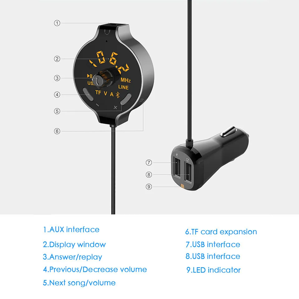 Bluetooth FM Transmitter Wireless Bluetooth FM Modulator Handsfree Car Kit 3.5mm Bluetooth Aux Car MP3 Player TF USB Car Charger (11)