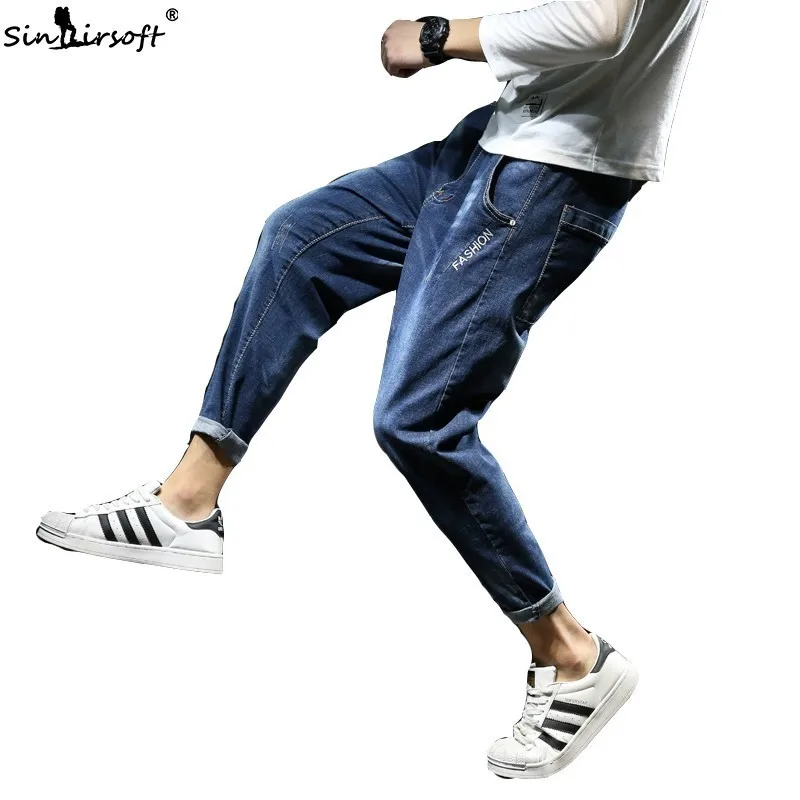 High Elasticity Elasticated Waist Ankle-Length Baggy Pantacourt Pantalon Homme Jean Stretch Men Mens Jeans Hombre Biker Denim