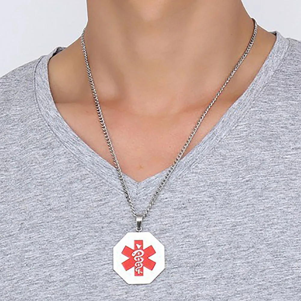 2017 new fashion 1PC Stainless Steel Octagon Red Medical Sign Necklace