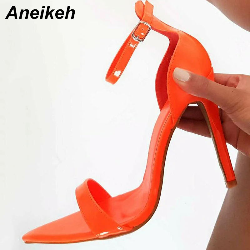 

Aneikeh 2019 Mature PU Serpentine Crystal Women Sandals High Heels Gladiator Women Shoes Thin Heels Buckle Strap Orange Solid 40