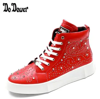 

High Quality Fashion Men High Top British Style Rrivet Shoes Men Causal Luxury Shoes red Black Bottom rubber Shoes for Male 2018