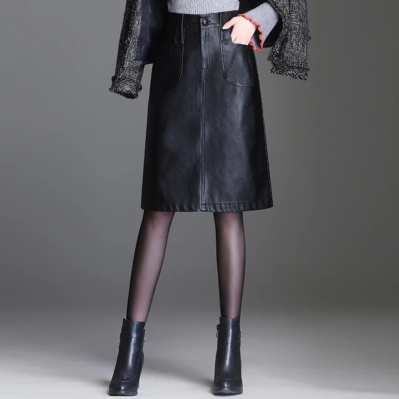 

Leather skirt 2018 autumn winter PU leather long section slim bag hip skirt high waist step A word skirts