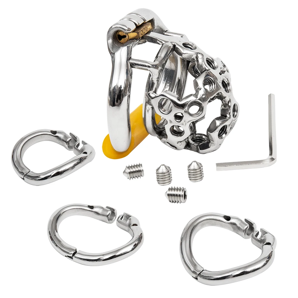 Include 3 Rings Ergonomic Design Male Chastity Device,Easy to Wear Stainless Steel Cock Cage