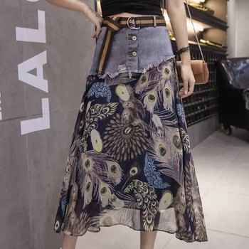 

2019 spring summer women's new beach skirt denim stitching print skirt retro chiffon high waist skirt Female l35