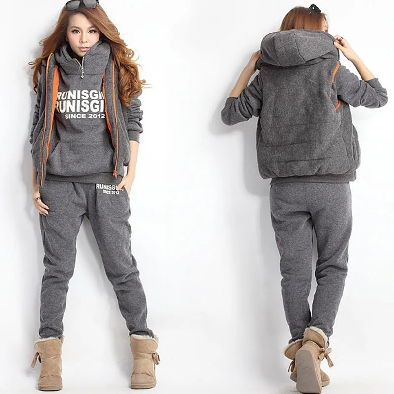 

New Autumn winter Plus Velvet Tracksuit for women sport Hooded coat +Sweatshirts + Sweatpants 3-pieces Suits Running sportswear