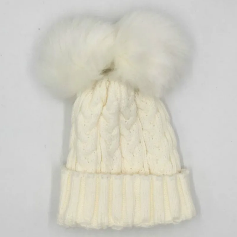 Зимняя шапка с помпоном из искусственного лисьего меха для женщин и девочек, вязаная теплая шапка с двойным помпон - Цвет: kids white