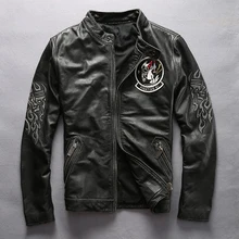 Новая Мужская винтажная черная кожаная куртка со стоячим воротником, приталенная Мужская зимняя байкерская куртка из натуральной воловьей кожи, мотоциклетная куртка