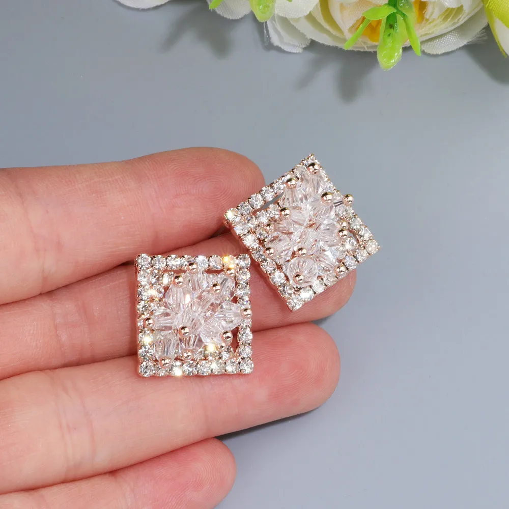 Elegant Hollow Shiny Full Crystal Square Stud Earrings for Women Charm Rose Gold Color Flower Earrings Brinco Gift
