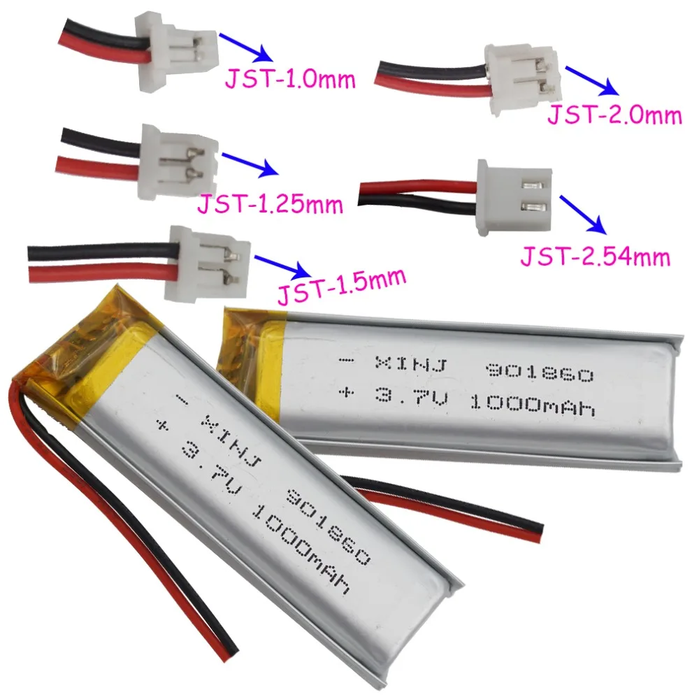 

XINJ 2pcs 3.7V 1000mAh li Lithium Polymer Battery 2pin 1.0/1.25/1.5/2.0/2.54mm plug For Camera navigation bluetooth phone 901860