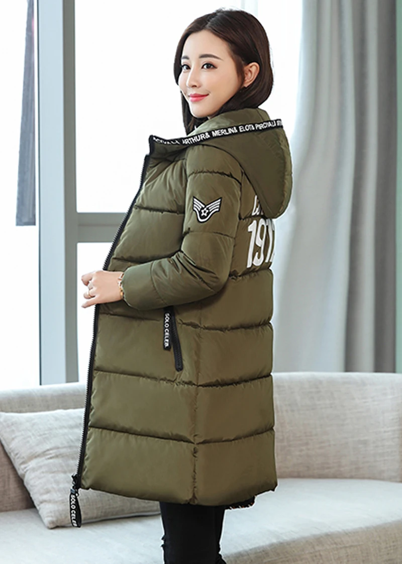 Дизайн женская зимняя куртка с капюшоном однотонная черная армейская зеленая Женская длинная парка Стеганое пальто