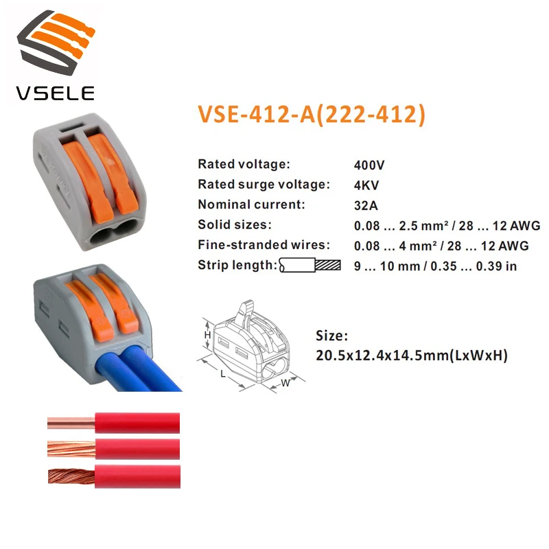 VSELE 40 шт./лот VSE-412 413 415 провод разъема Тип штепсельной вилки весенний зажимной мини 222-412 413 415 компактный соединитель клеммный блок