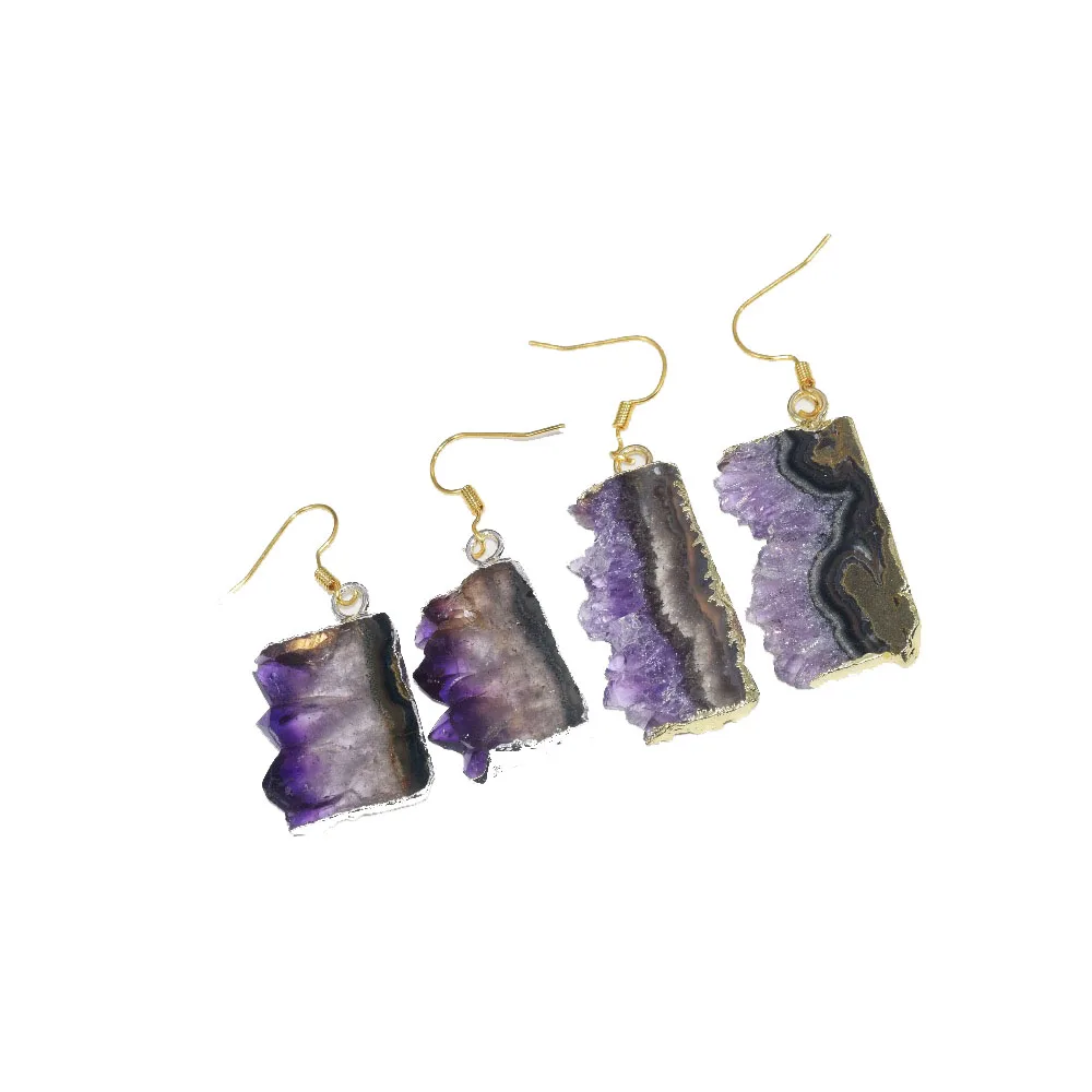

Free Shipping Christmas Jewelry Raw Natural Slice Geode Druzy stone drop earrings purple crystal quartz dangle earrings women