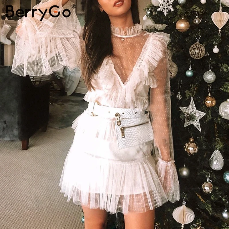 

BerryGo women dresses Sexy mesh polka dot tassel dress summer V neck long sleeve bodycon mini dress Elegant party dress festa