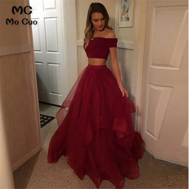 

In Stock Ready Ship 2019 Burgundy Off Shoulder Evening Dresses Long Ruffles Prom Gowns Tulle 2 Pieces Gown Women Evening Dresses