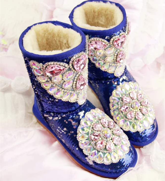 Bleu Cuir Neige Plate Cristal Fourrure Diamant Chaud Imperméables Ont De D'hiver Augmenté rose Garder Au Appartements Chaussures Bottes Strass En Lapin forme Femmes X11vwqE6