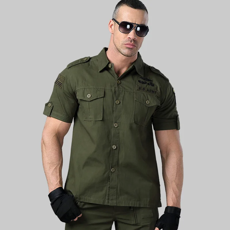 Новинка, летняя хлопковая рубашка с вышивкой и коротким рукавом, Уличная Повседневная одежда, дикая рубашка в стиле милитари для мужчин, одежда
