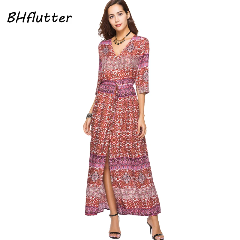 

BHflutter 2018 New Long Dress Women Half Sleeve V neck Casual Summer Dress Boho Style Floral Print Sexy Split Maxi Beach Dresses
