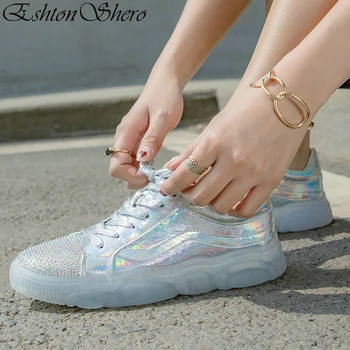 

EshtonShero Women Pumps Shoes Woman Platform Cow Leather Low Heels Lace Up Silver Classic Gold Bling Ladies Casual Shoe Size 3-8